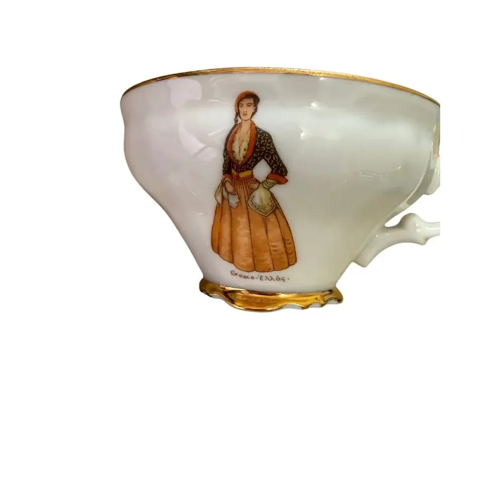 Vintage Greece Ελλάς Porcelain Tea Cup Saucer Plate Set Gold Trim